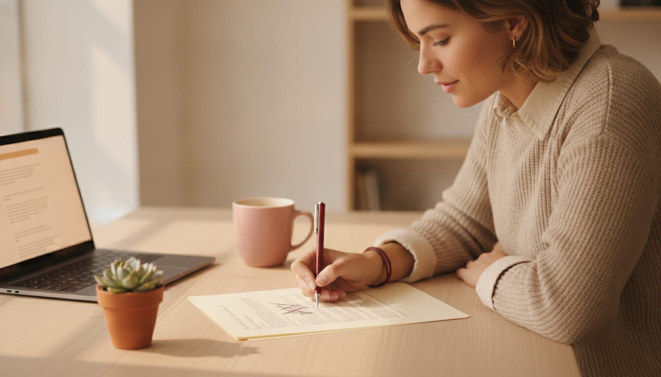 Person at a wooden desk crossing out text on a printed page and writing notes in the margin with a pen, expression focused