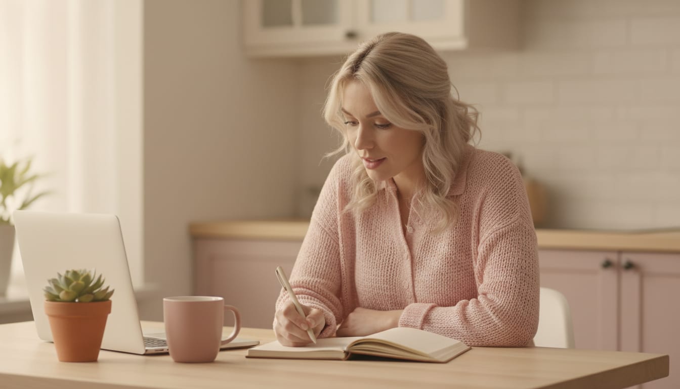 Person at a kitchen table writing in an open notebook with a closed laptop and a pink mug nearby in soft daylight