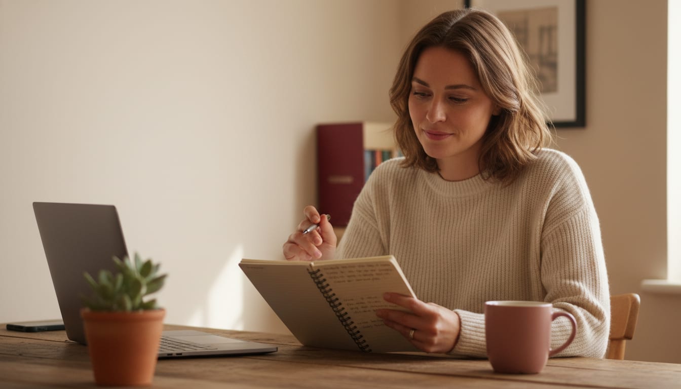 Person at a wooden desk thinking carefully while writing notes in a spiral notebook with a pen, laptop and pink ceramic mug to the side