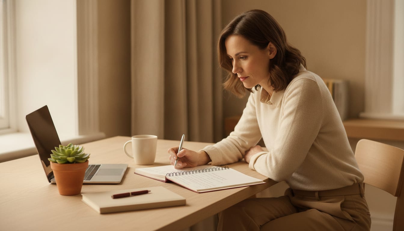 A professional in their late 30s sitting at a wooden desk with an open notebook and laptop, looking thoughtfully at handwritten notes in a focused, determined way