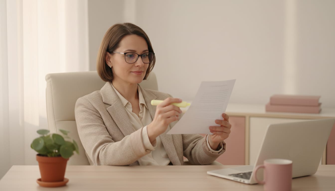 Person leaning back at a wooden desk reading a printed page held in one hand, with a highlighter pen in the other