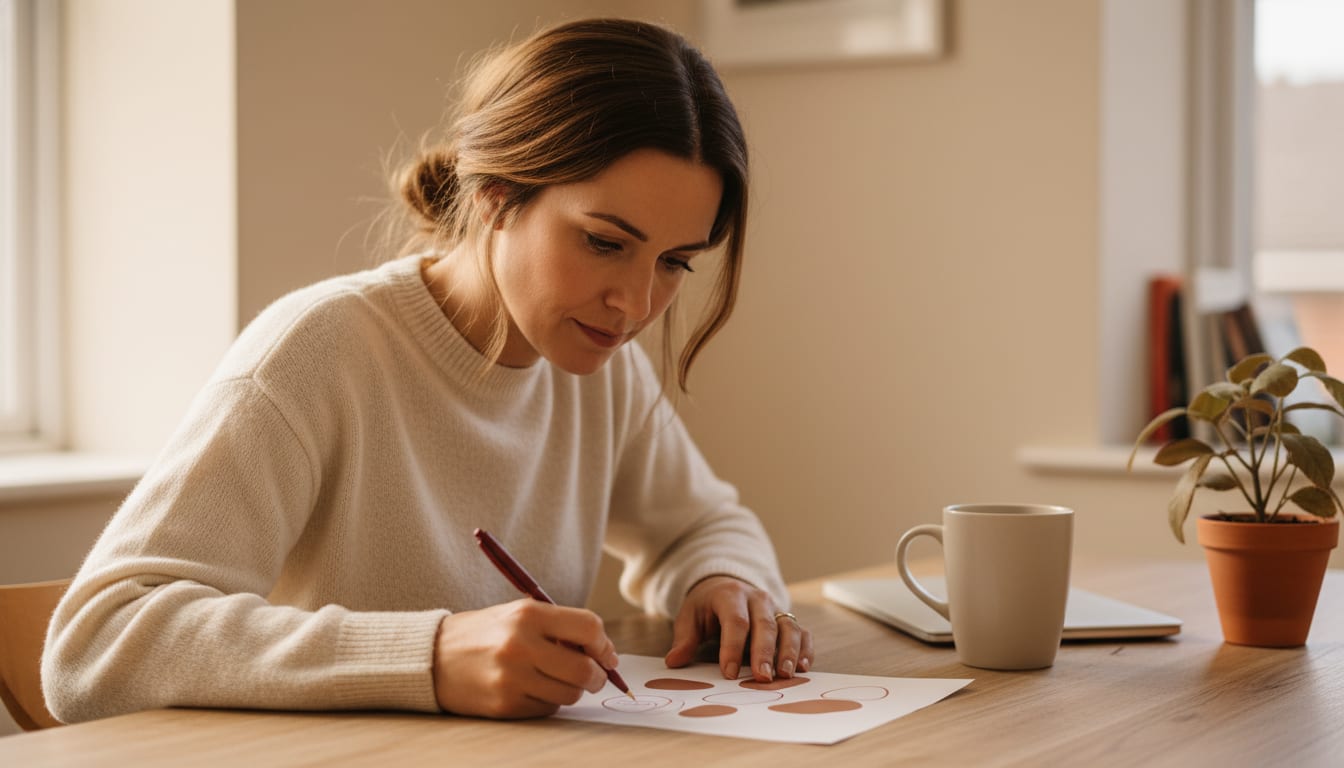 Person at a wooden desk leaning forward to review a printed page with a red pen in hand, frowning in concentration