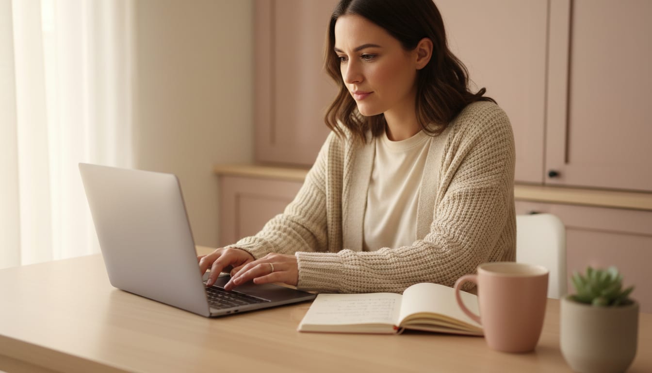Person typing intently at a laptop in soft natural light with a notebook of bullet points beside them
