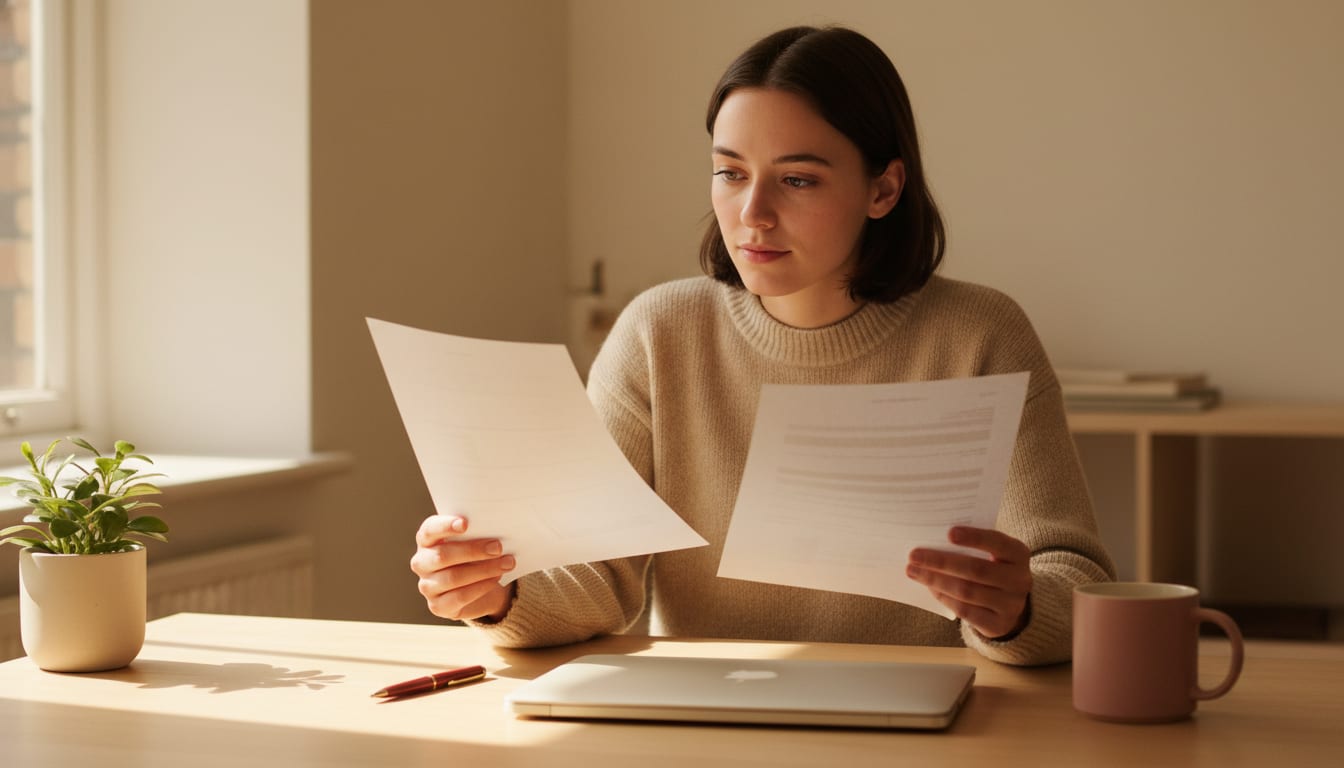 Person at a wooden desk holding two single-page printed documents and comparing them in soft daylight