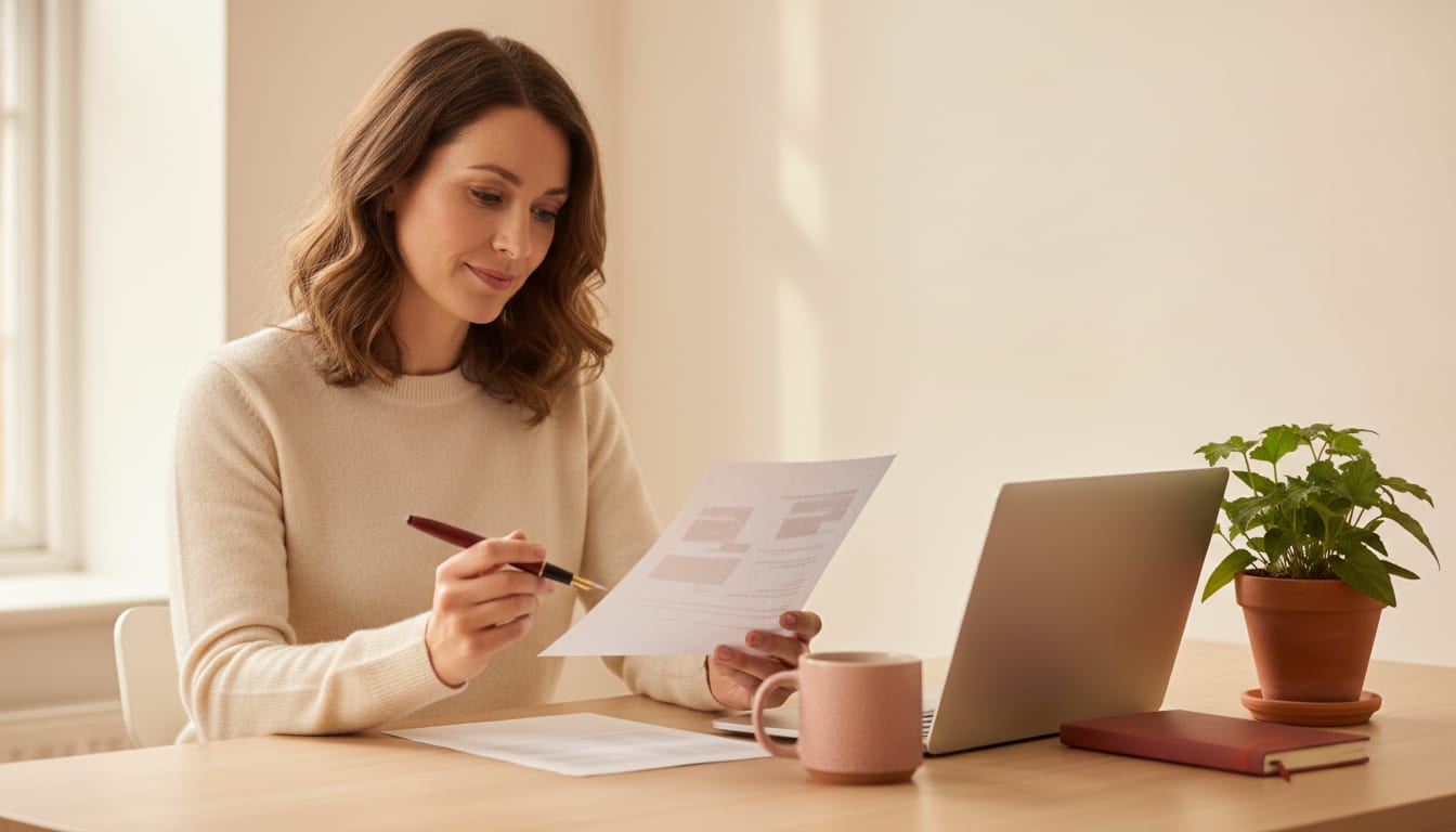 Person at a wooden desk reviewing a printed CV document with a pen, in warm daylight