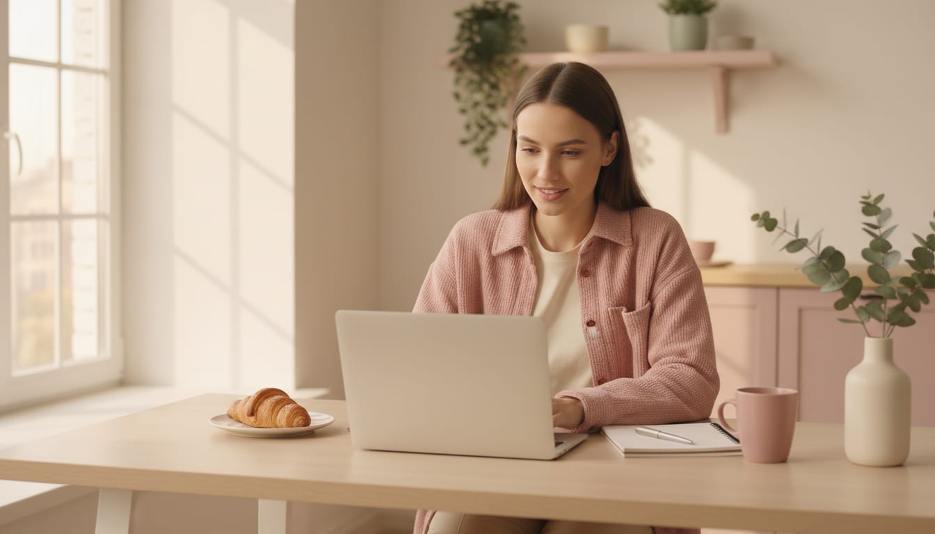 Younger person at a sunny breakfast nook with a laptop and a notebook, slightly smiling while thinking