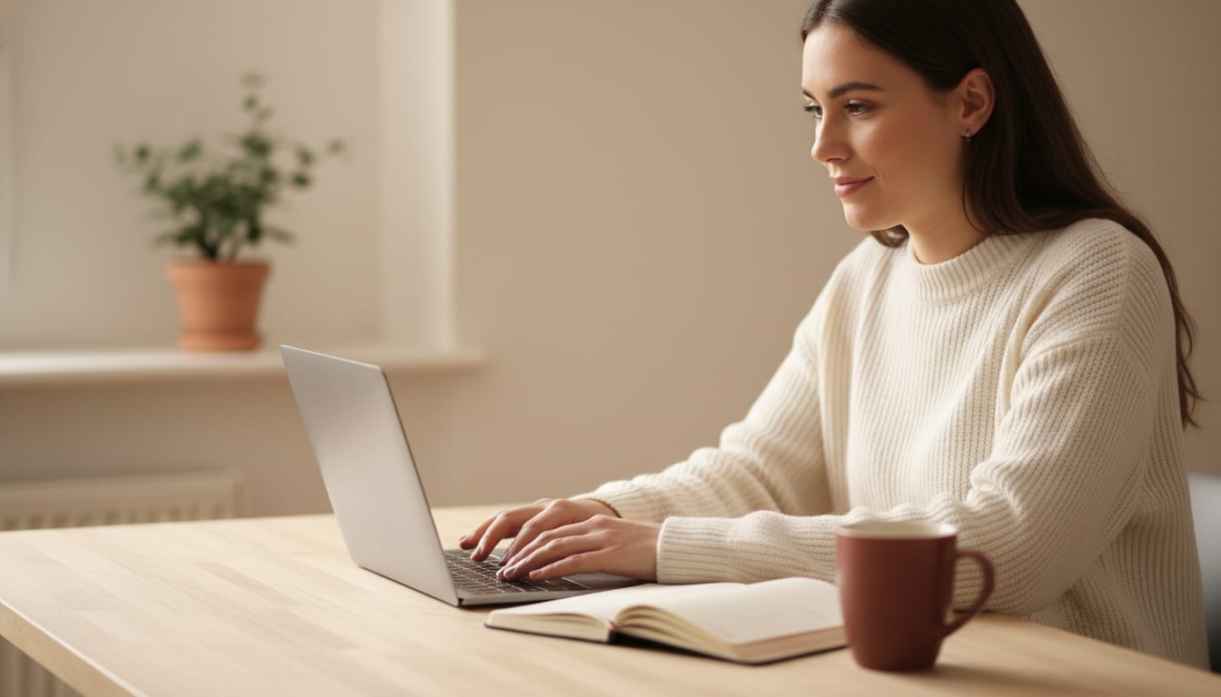 Person at a wooden desk in soft natural light, typing a cover letter on a laptop with an open notebook and pink ceramic mug nearby