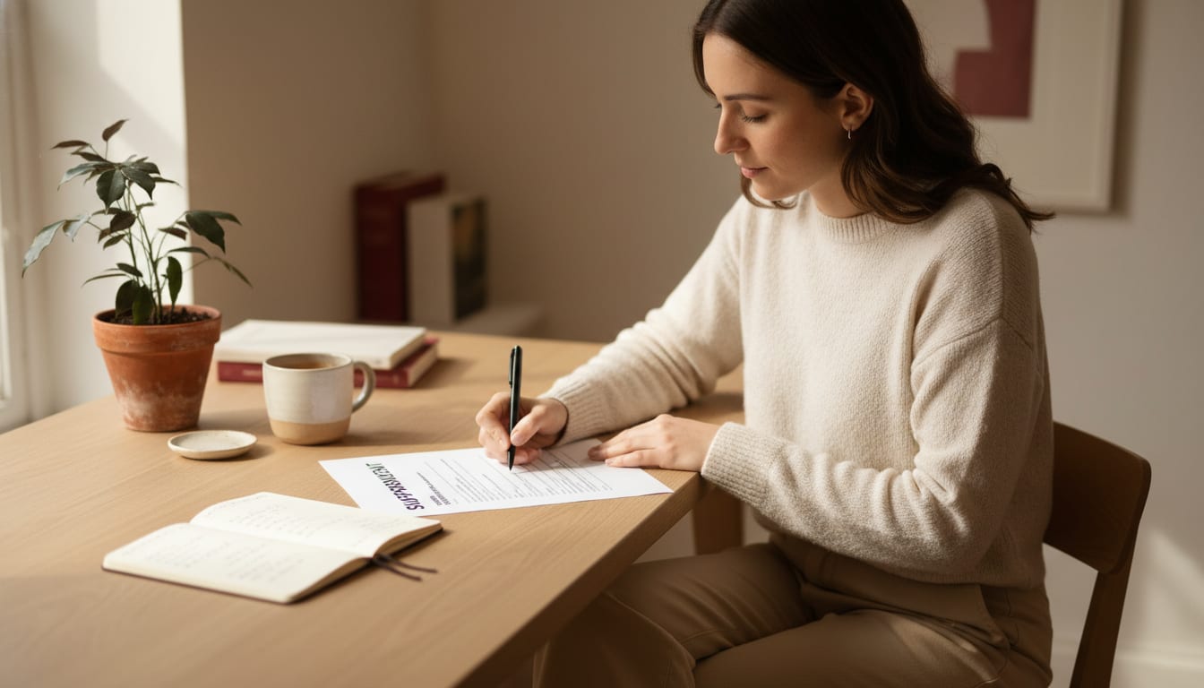 Person at a wooden desk writing carefully on a printed document with a pen, focused expression