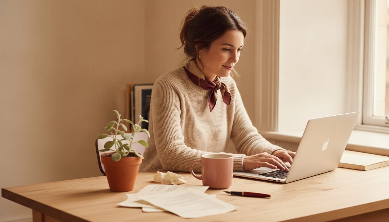 Person at a wooden desk typing carefully on a laptop, printed notes and a ceramic mug nearby, in warm daylight