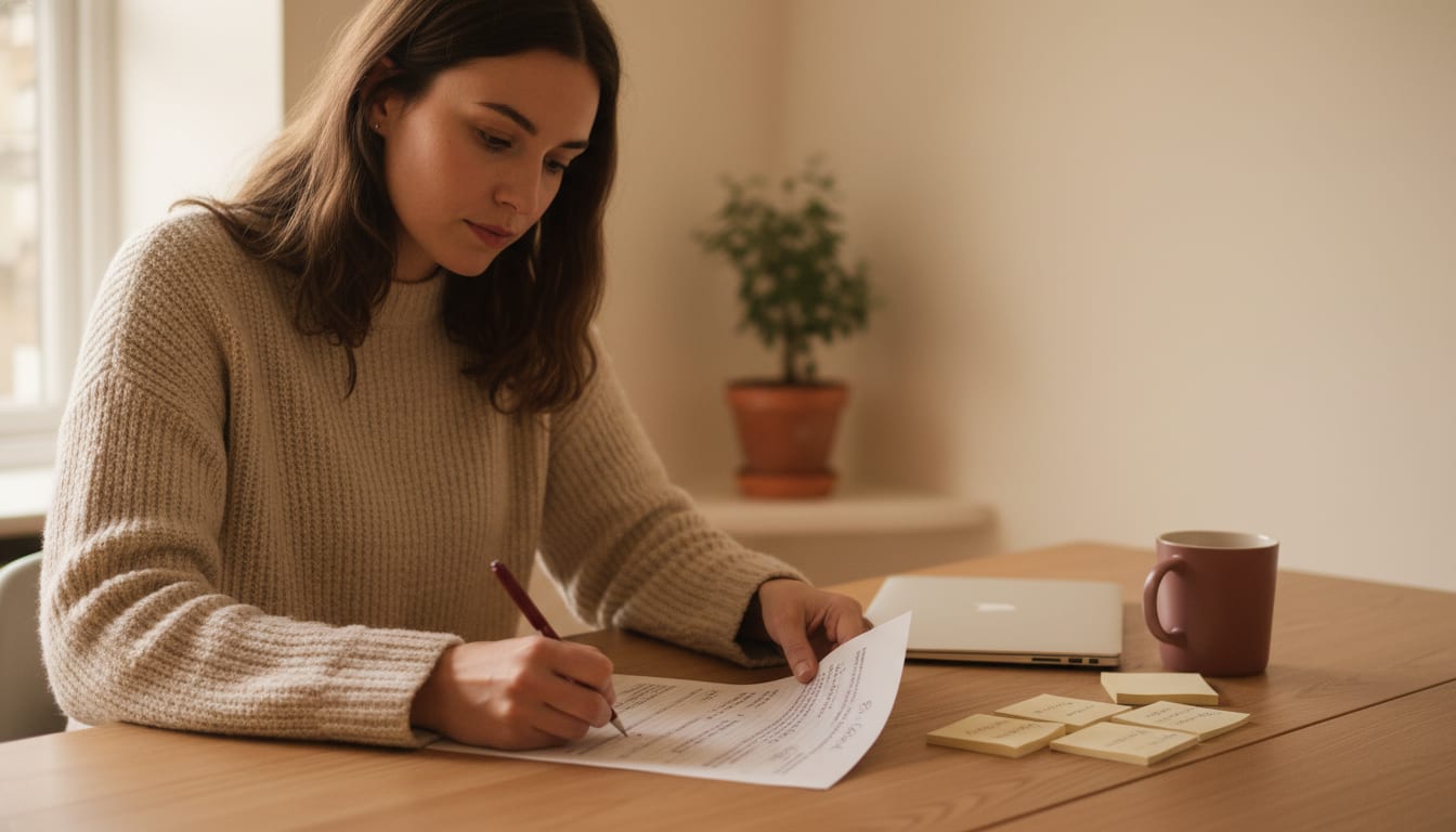 Person at a desk marking up a printed CV with a pen, with sticky notes and a closed laptop beside them
