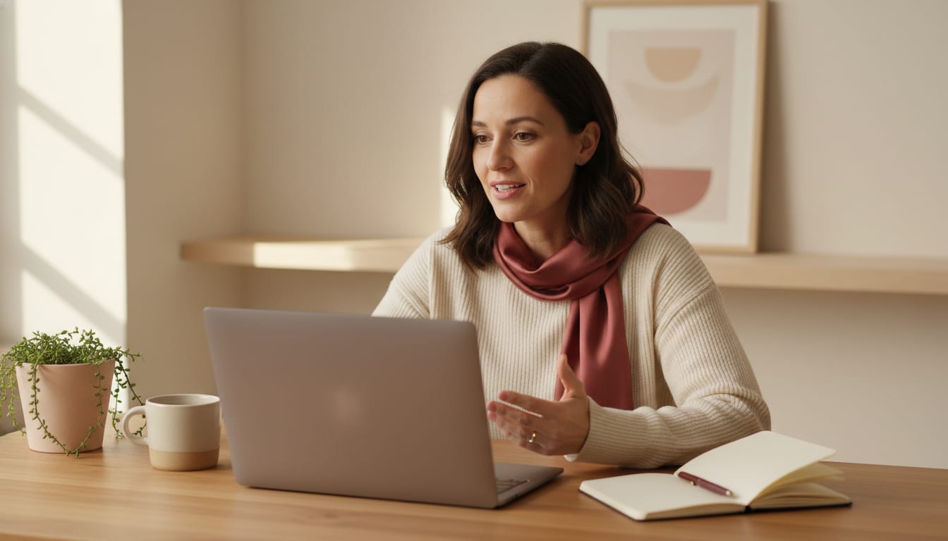 A professional in their early 30s on a video call at a tidy home desk, notebook open and coffee mug nearby in warm natural light