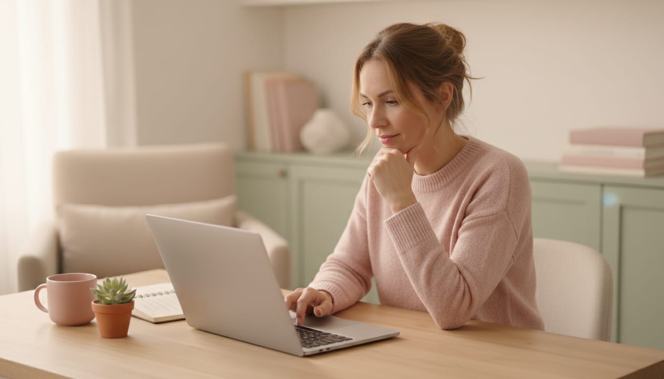 Person at a desk paused mid-typing, chin resting on hand, considering what to write next