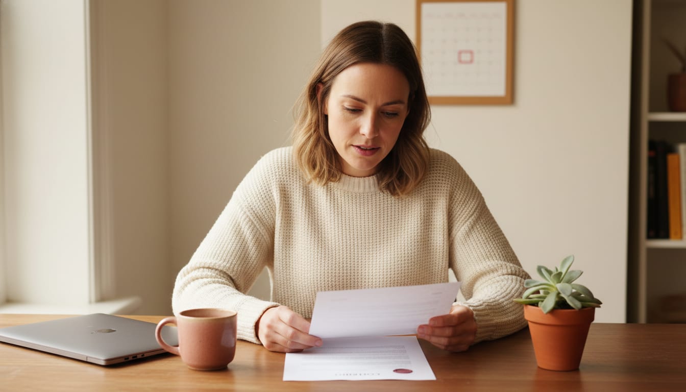 Person at a wooden desk reading a printed contract document, hand resting on a wall calendar nearby