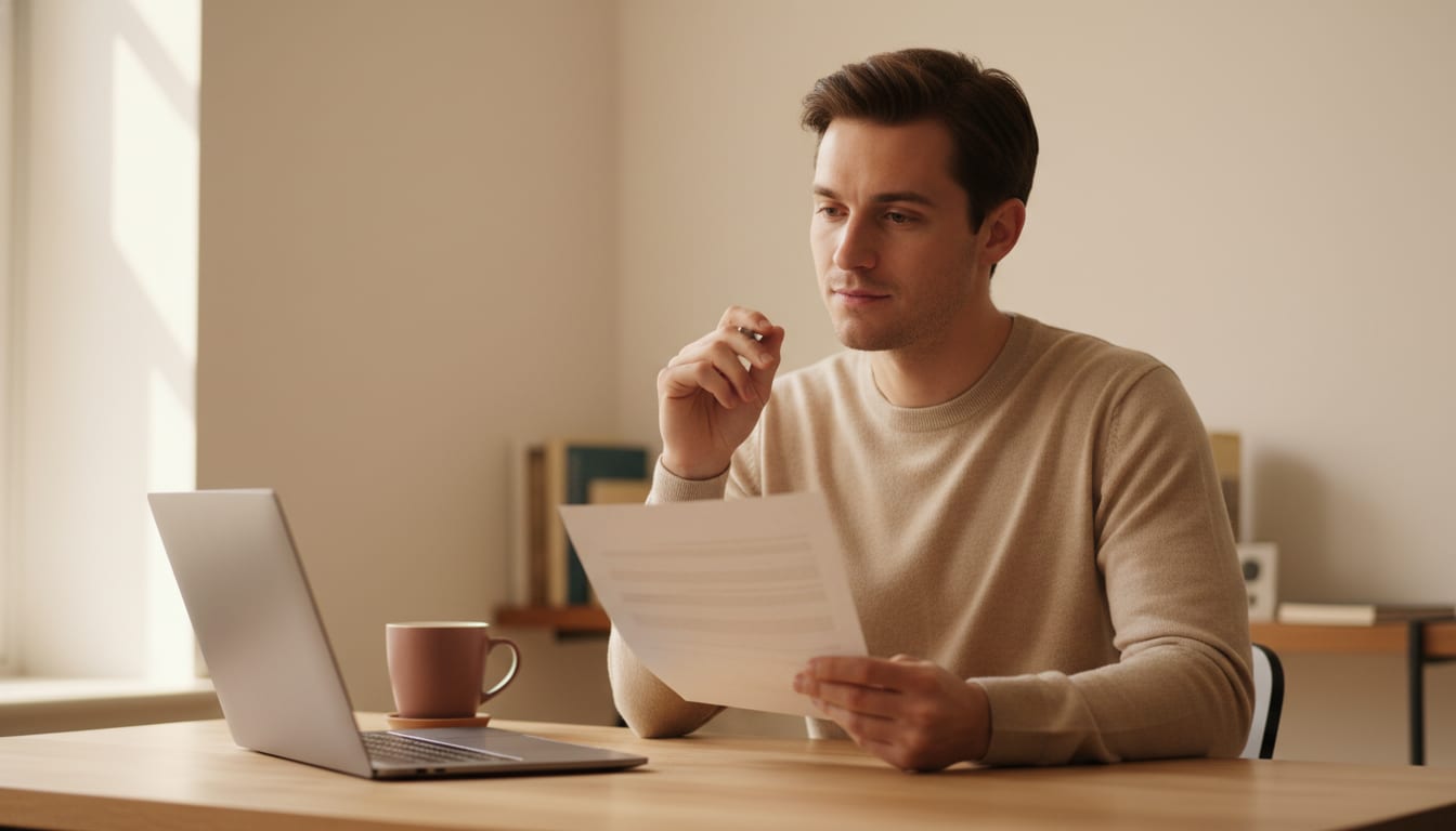 Person at a wooden desk reviewing a printed page held in one hand with a pen in the other, laptop open beside them