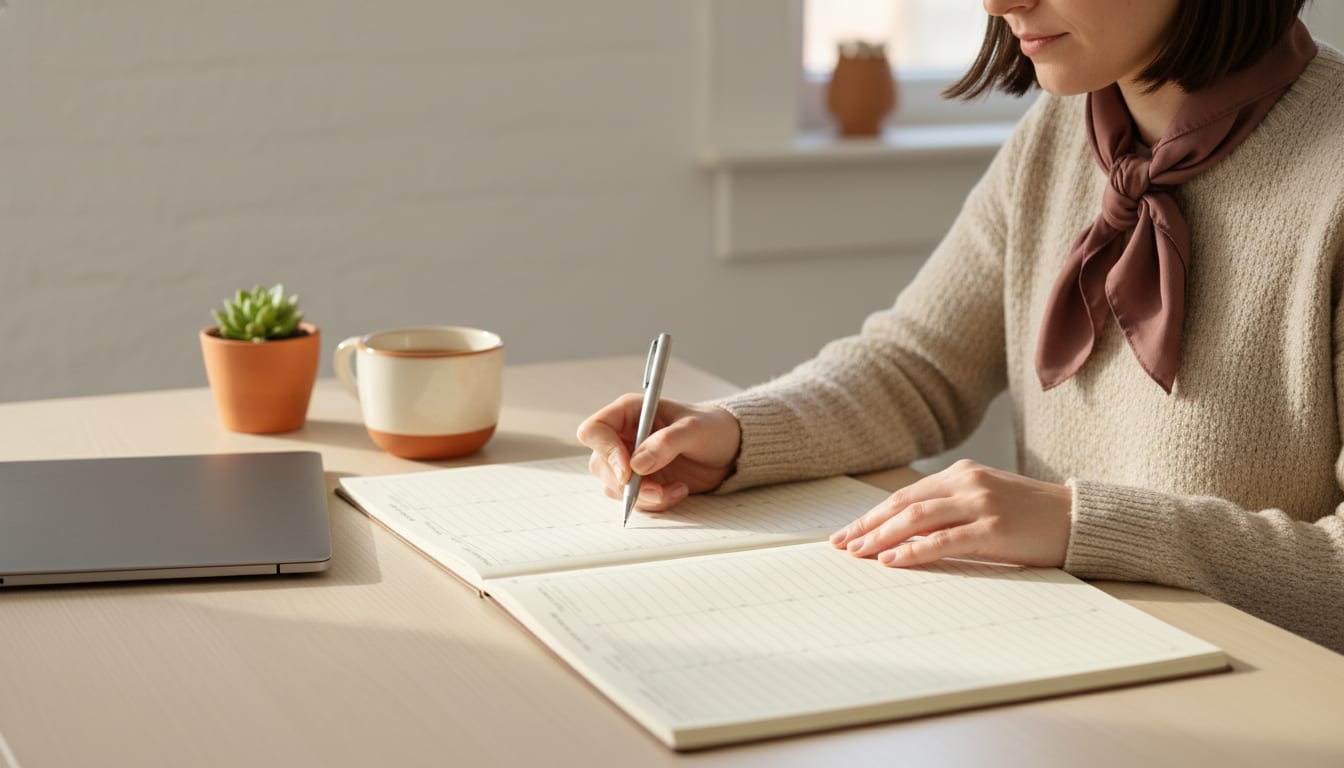 Person at a pale wooden desk writing in a large weekly paper planner with a pen, a laptop open to the side in warm morning light