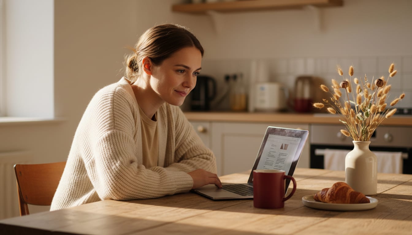 Person at a kitchen table reading on a laptop with a curious-learning expression in warm morning light