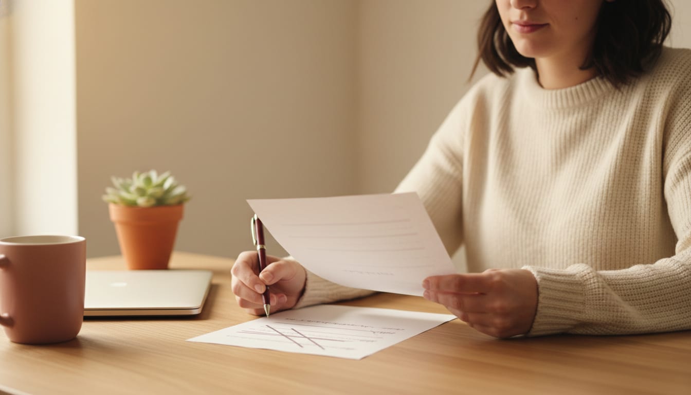 Person at a desk decisively crossing things out on a printed page with a pen