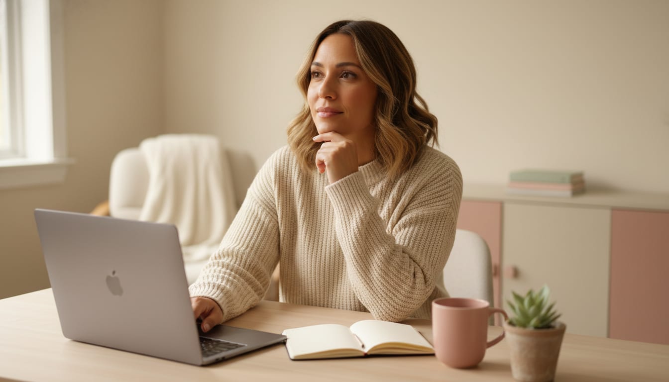 Person at a desk looking up from their laptop in thought, hand resting on chin