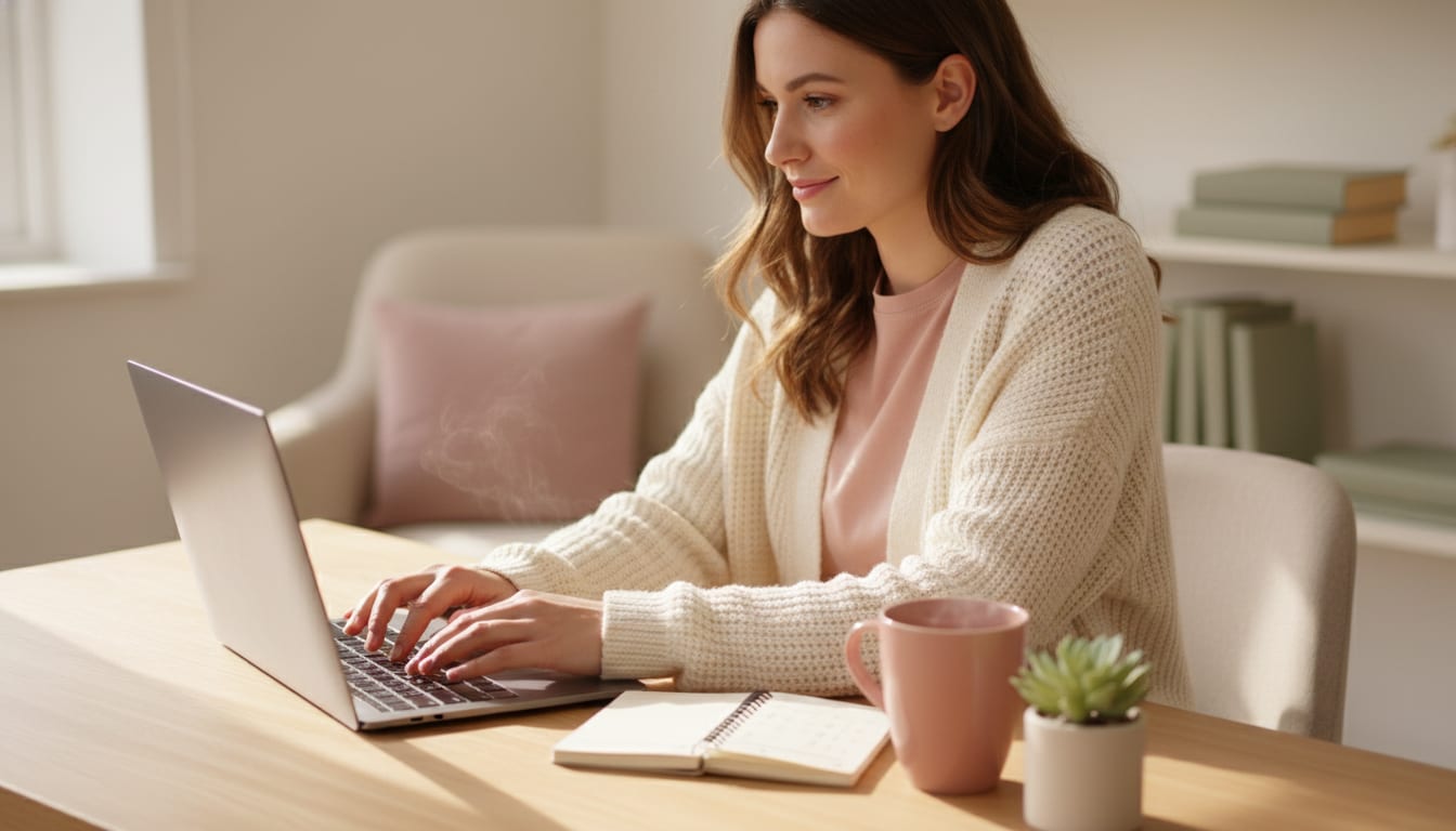 Person at a wooden desk filling in a long form on a laptop with quiet focused persistence